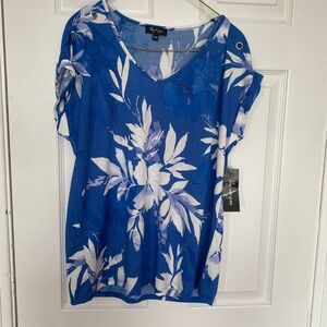 Lily Morgan Blue Floral V-Neck Short Sleeve Top Grommet Shoulder Size Medium